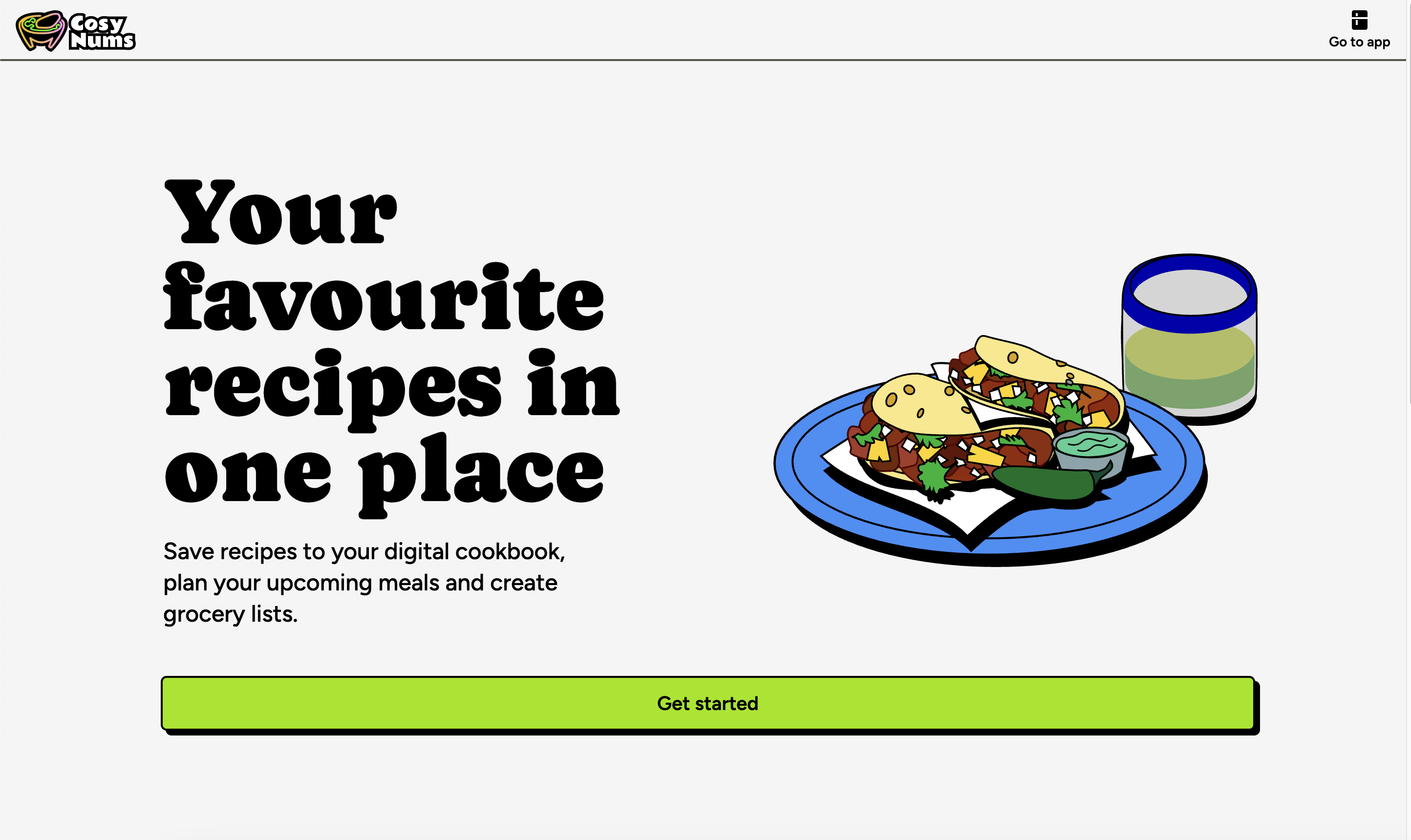 A screenshot from the CosyNums recipe planner app, it shows the landing page